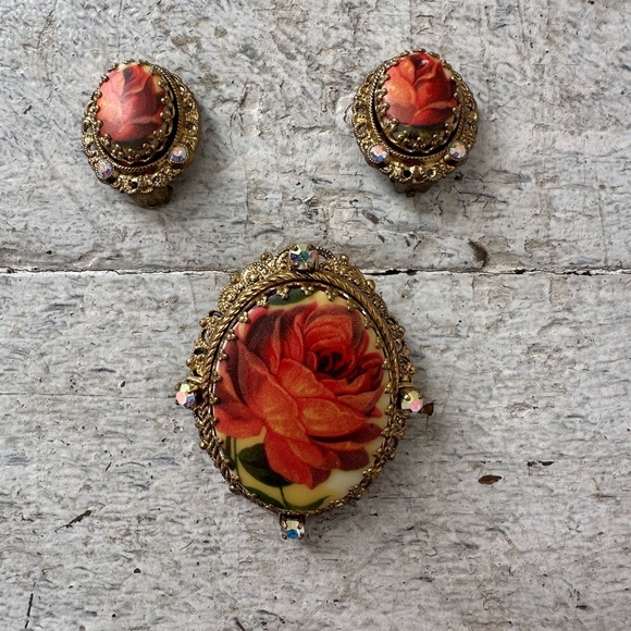 Vintage Rose Rhinestone West German Filigree Earrings And Brooch Set